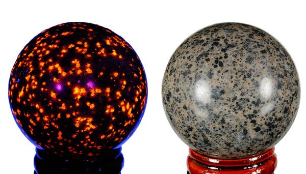 A polished sphere of yooperlite showing it under both natural light and under short-wave UV light.